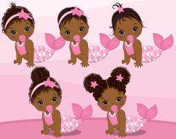 Cute Black Baby Girls Clip Art, Mermaid Clipart