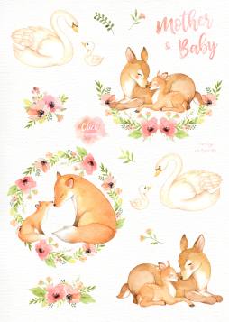 free Watercolor Mother Baby Animals Clipart